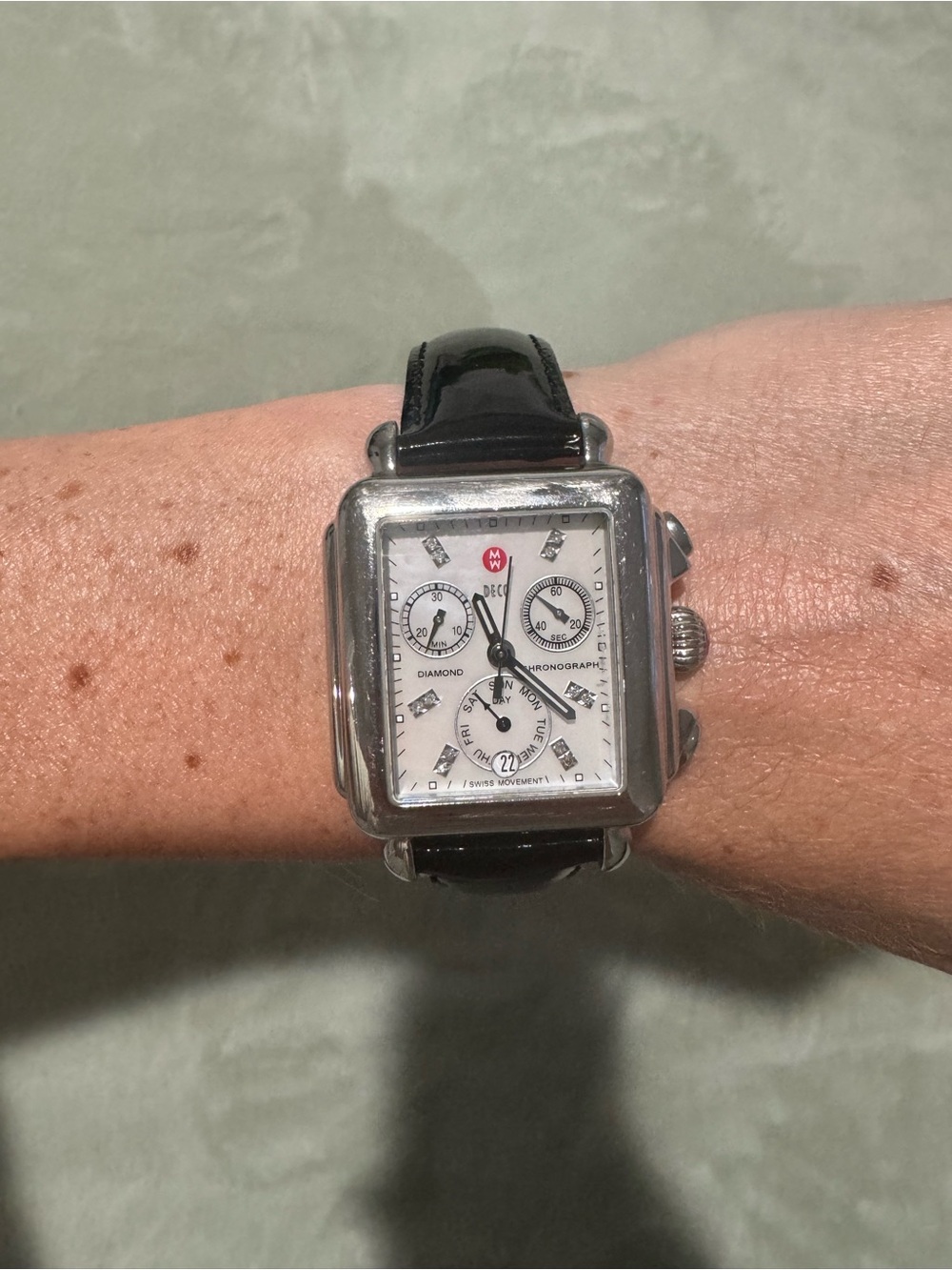 Michele Stainless Steel Back Watch with Black Leather Strap